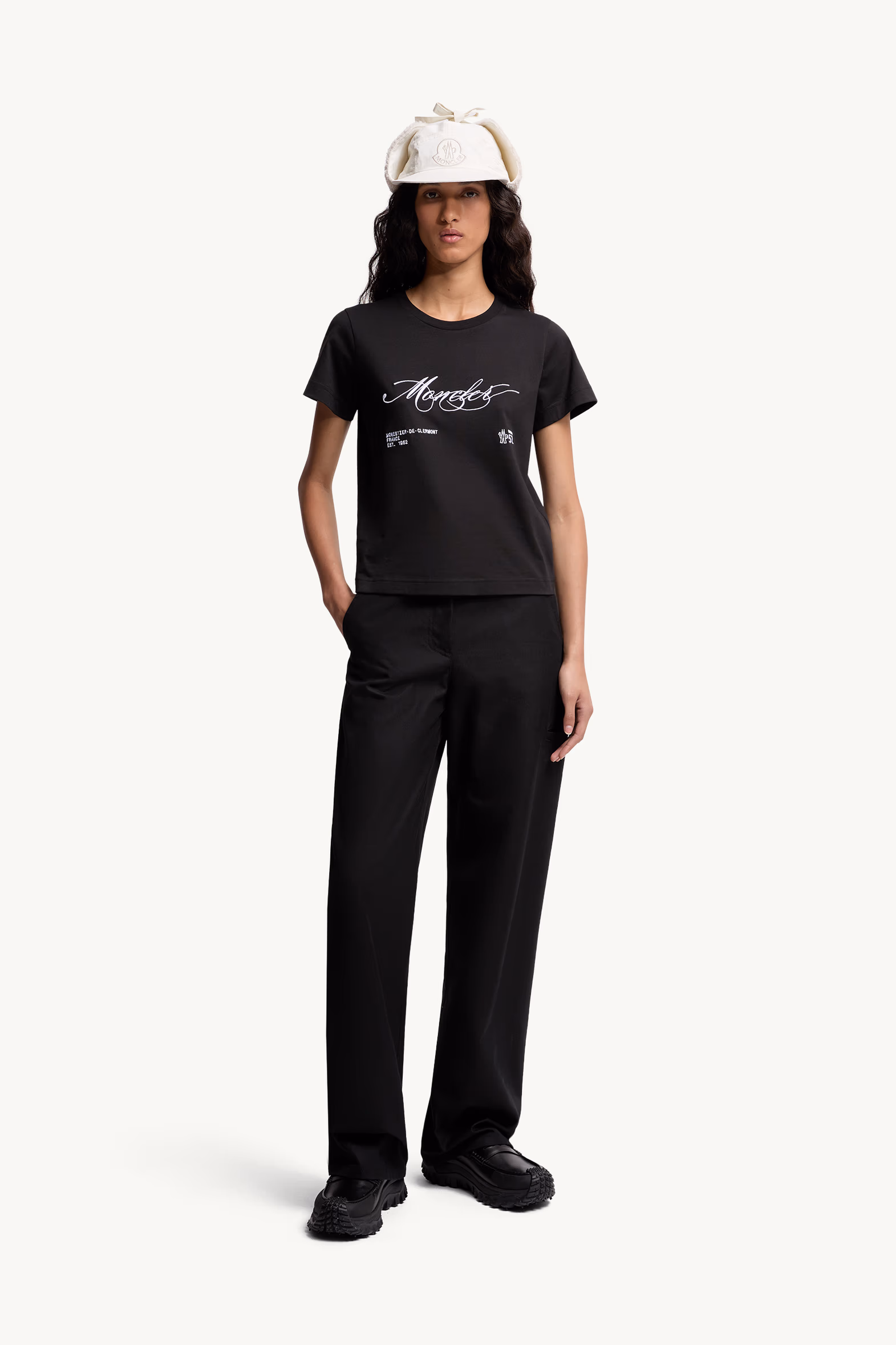 T-shirt en coton à logo lettres cursives brodé Femmes Noir Moncler 0